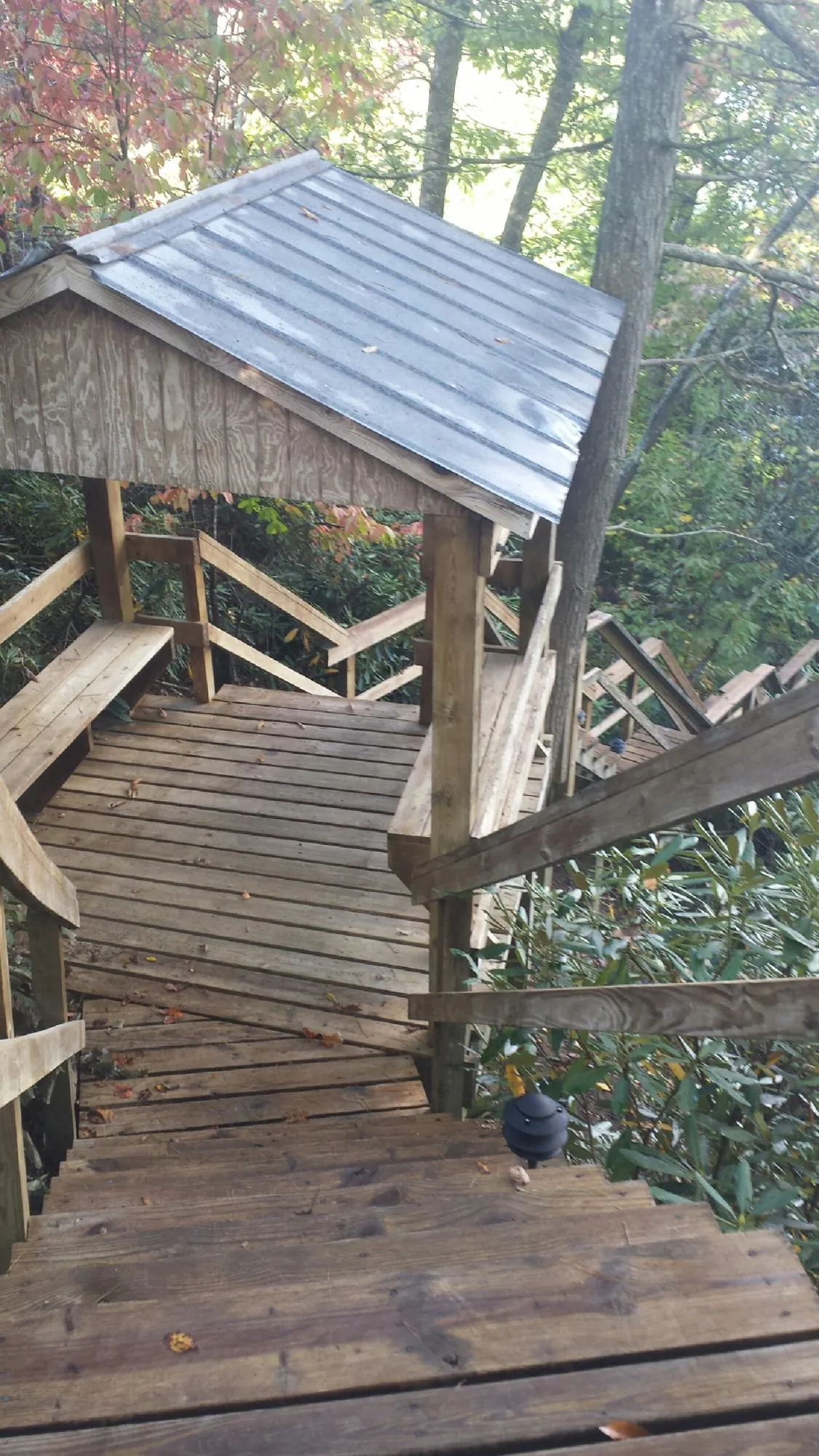 Metal roofed shelter over wooden steps on a wooded walkway — Skylight Repair & Installation work by our crew in Shubuta